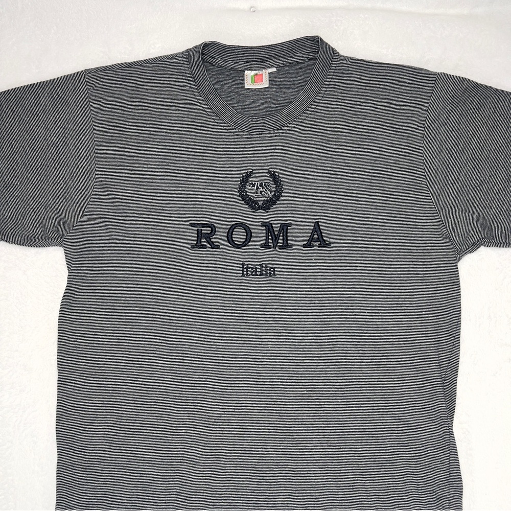 ROMA Italia Tee Shirt Short Sleeve Grey and Blue stripes Made in Italy 100% Ctn